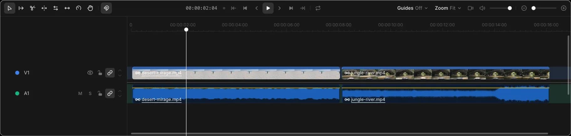 The Compose timeline: the tool bar and playback controls, then a video lane and an audio lane holding two clips