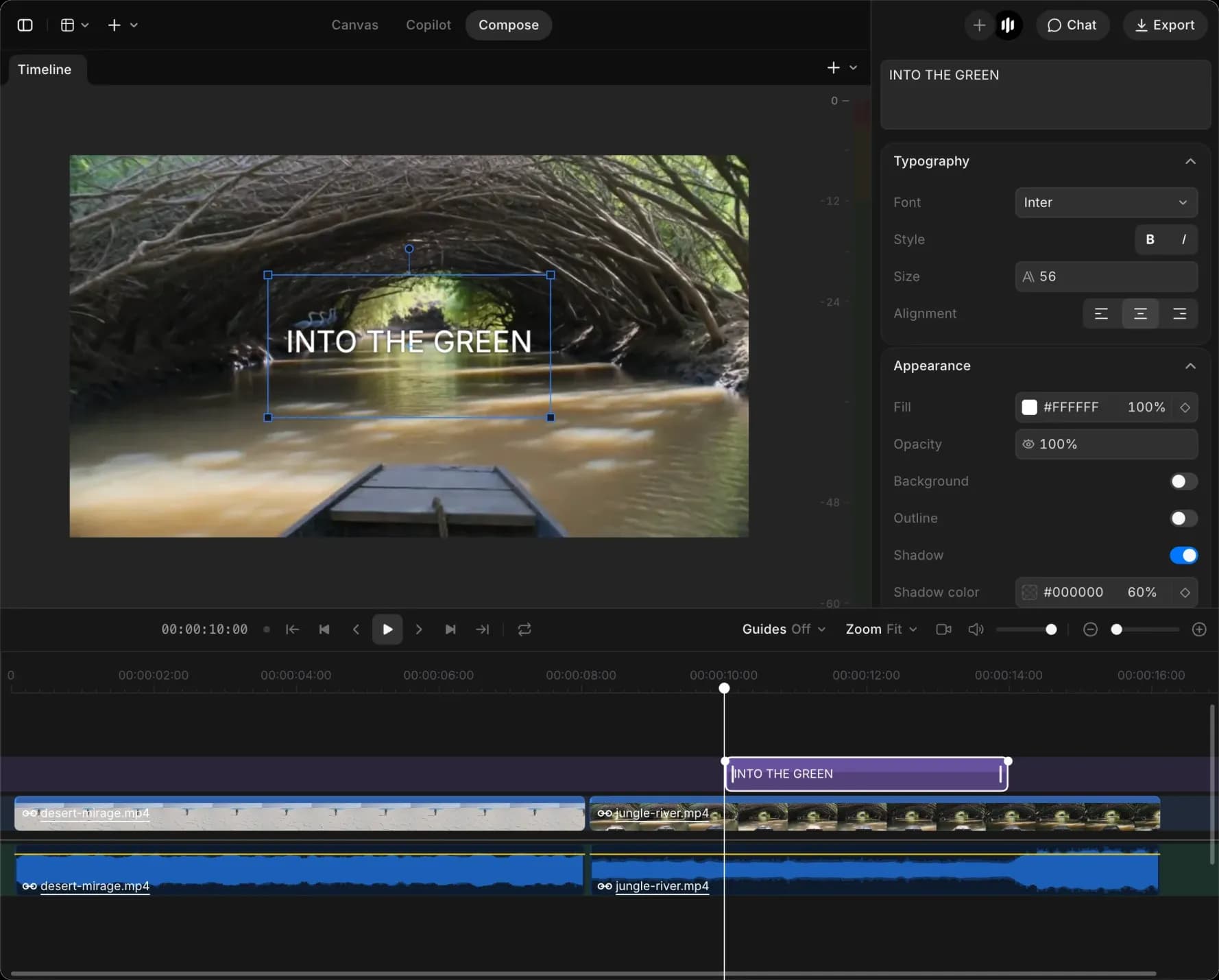 A title reading INTO THE GREEN over a river clip in the viewer, its text clip on the top lane, and its settings in the right panel
