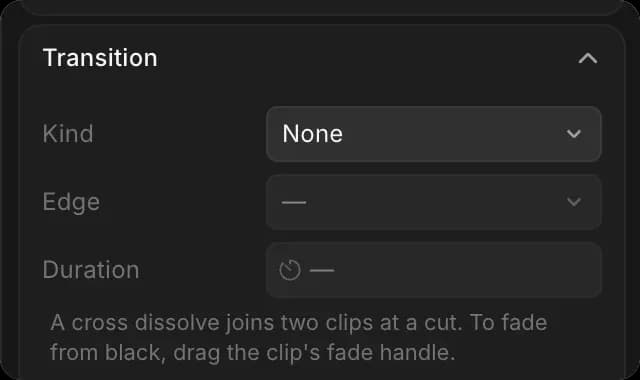 The Transition section of a clip's Video tab, with Kind, Edge and Duration