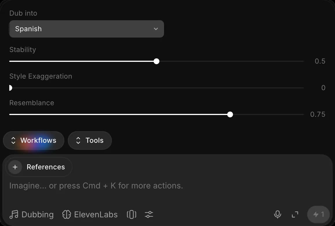 Dubbing preferences above the prompt bar: Dub into set to Spanish, with the Stability, Style Exaggeration and Resemblance sliders