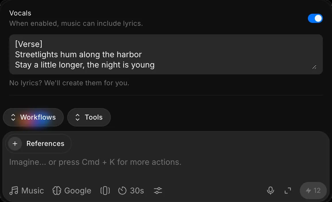 Music preferences above the prompt bar, with Vocals turned on and two lines of lyrics in the box