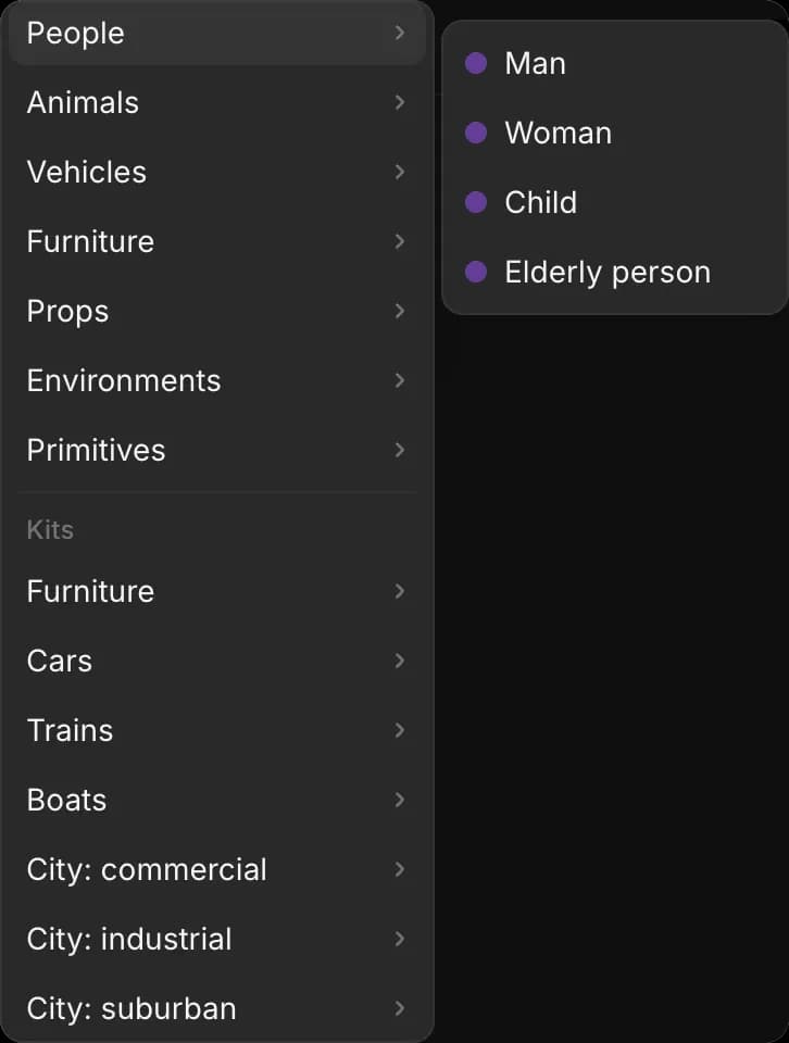 The Add object menu, with the People category open showing Man, Woman, Child and Elderly person