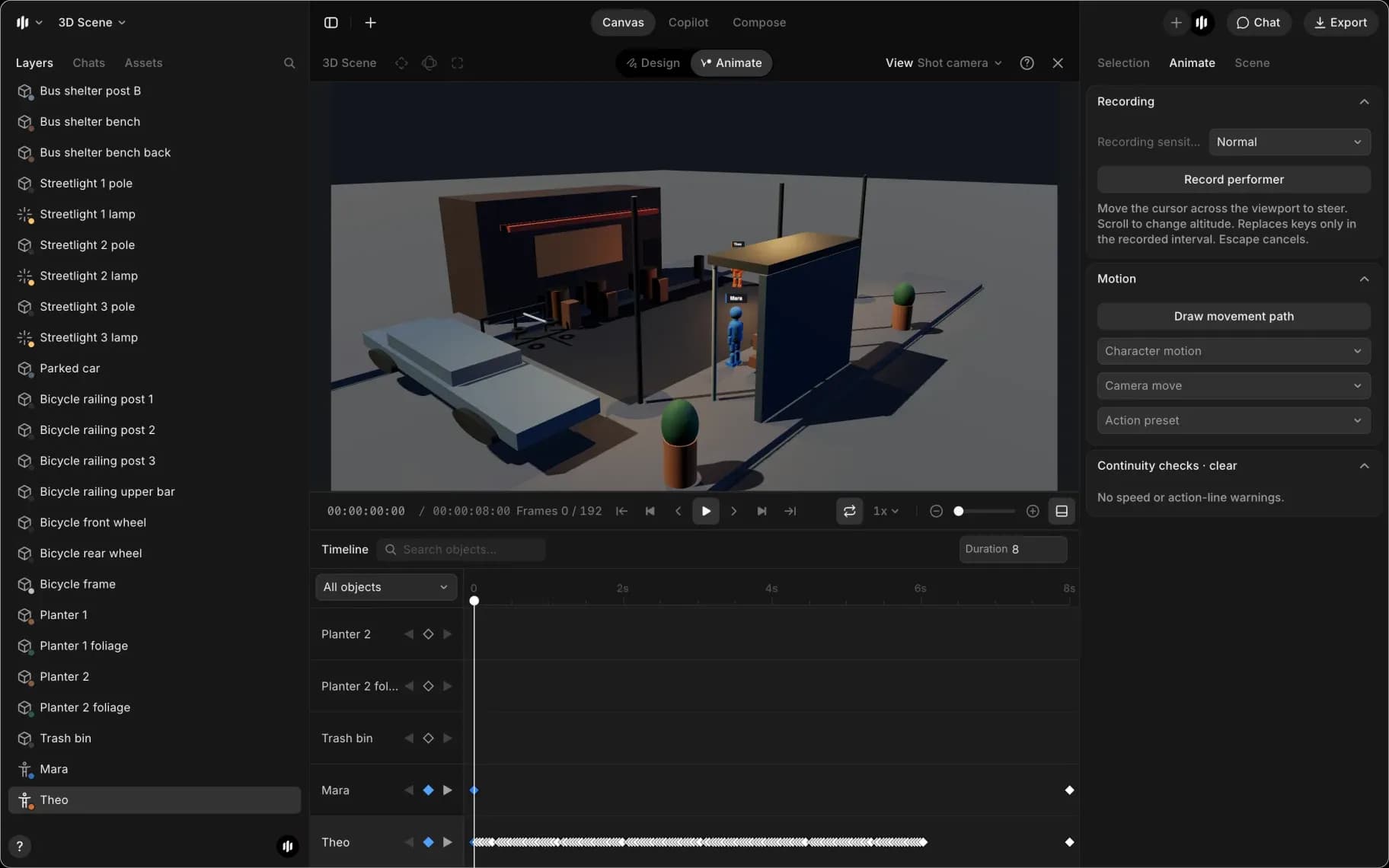 The 3D editor in Animate mode, with the timeline along the bottom and the Animate tab on the right