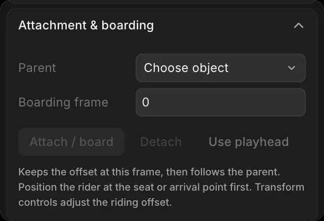 Attachment and boarding: Parent, Boarding frame, Attach / board, Detach and Use playhead