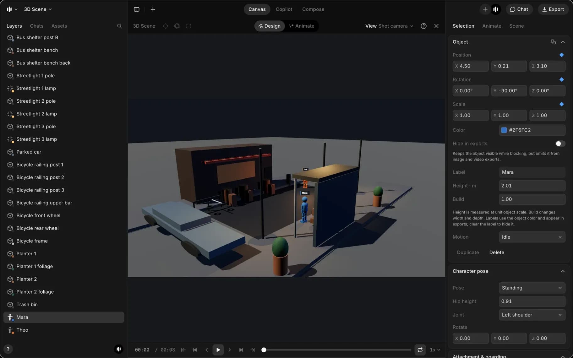 The 3D editor: Layers on the left, the viewport through the shot camera in the middle, Design and Animate at the top, and the Selection tab on the right