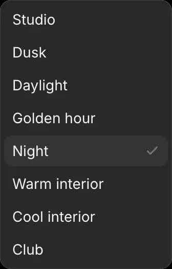 The Environment menu: Studio, Dusk, Daylight, Golden hour, Night, Warm interior, Cool interior, Club