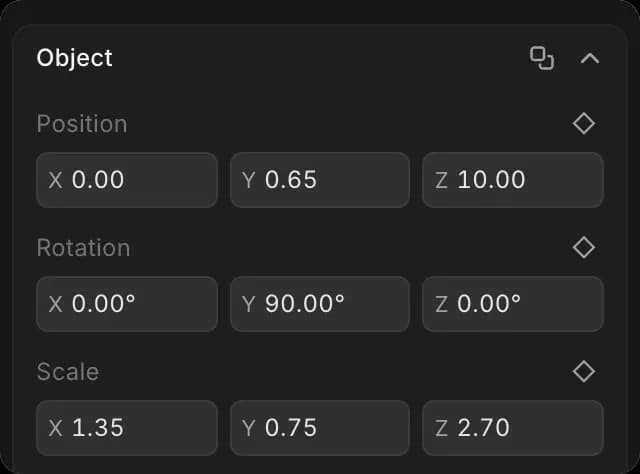 Position, Rotation and Scale for a selected object in the Selection tab