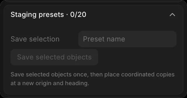 Staging presets in the Scene tab, with Save selection and Save selected objects