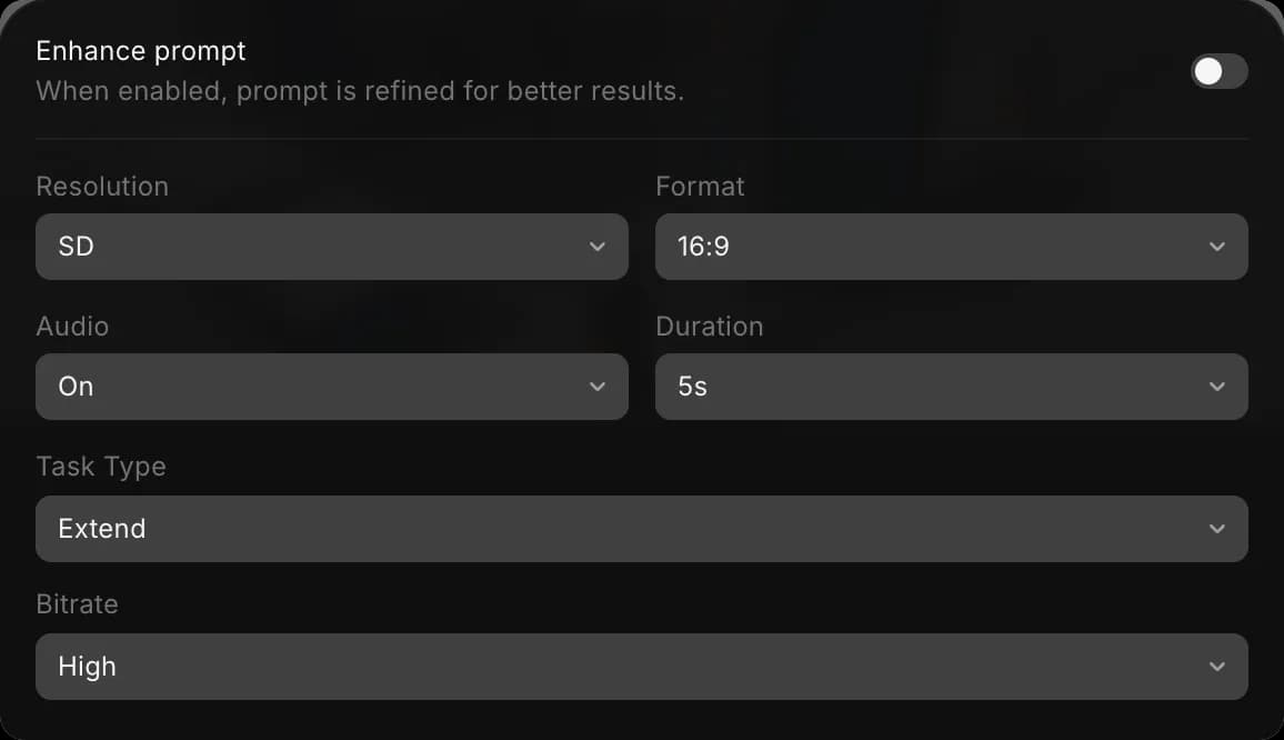 The settings for Seedance 2.5 in Reference to Video, with Task Type set to Extend and Duration beside Audio