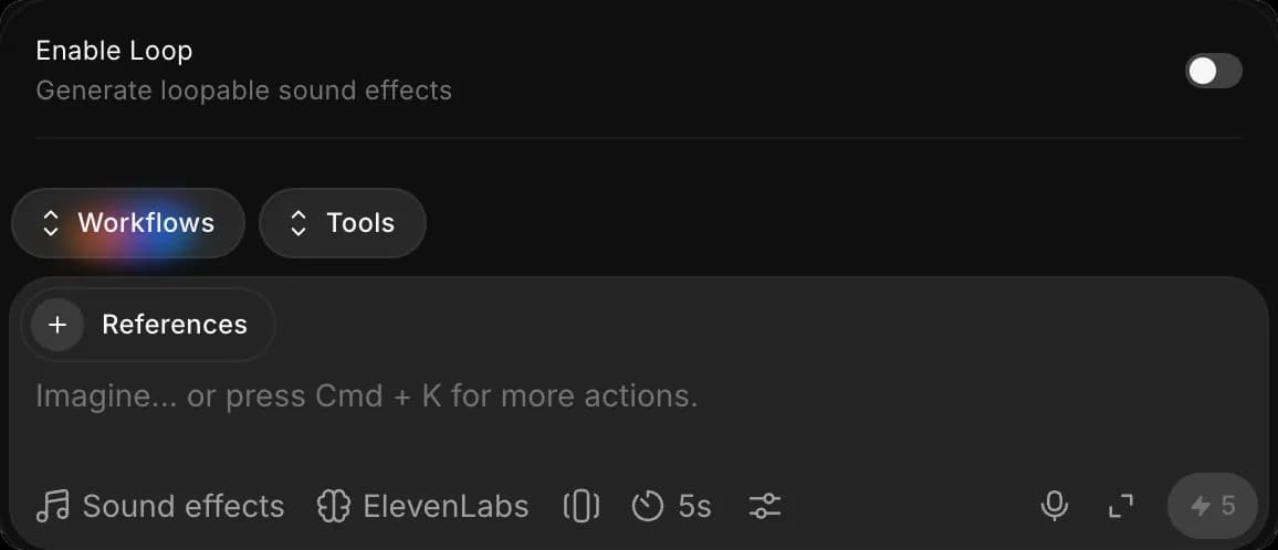 Sound effects preferences above the prompt bar, showing the Enable Loop toggle
