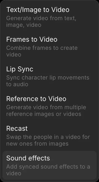 The prompt bar's Video menu, with Sound effects at the bottom of the list