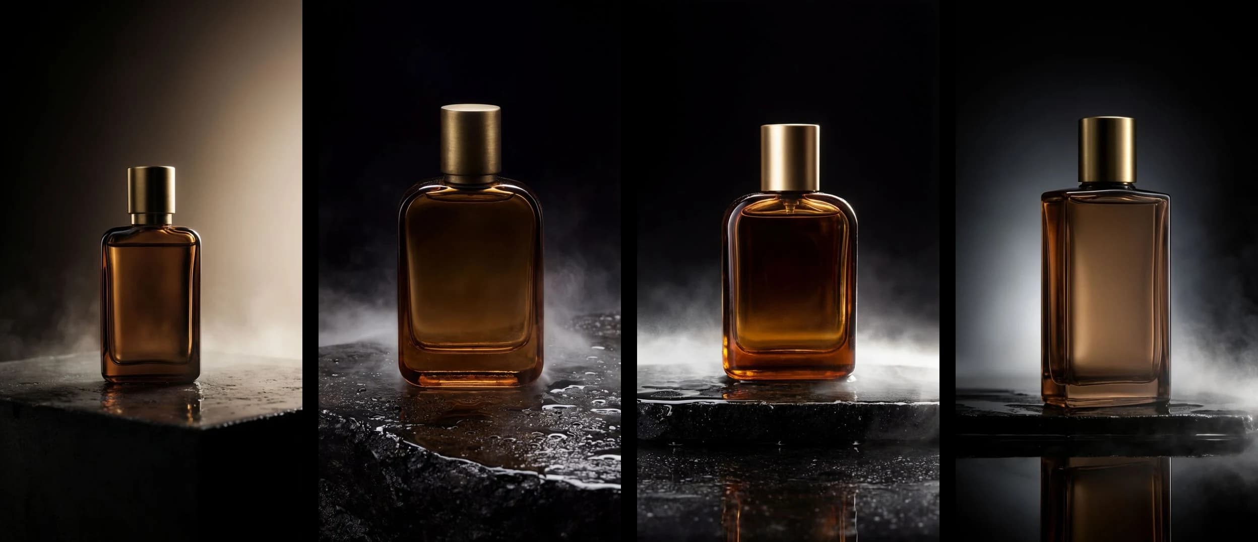 Four versions of the amber perfume bottle on wet stone