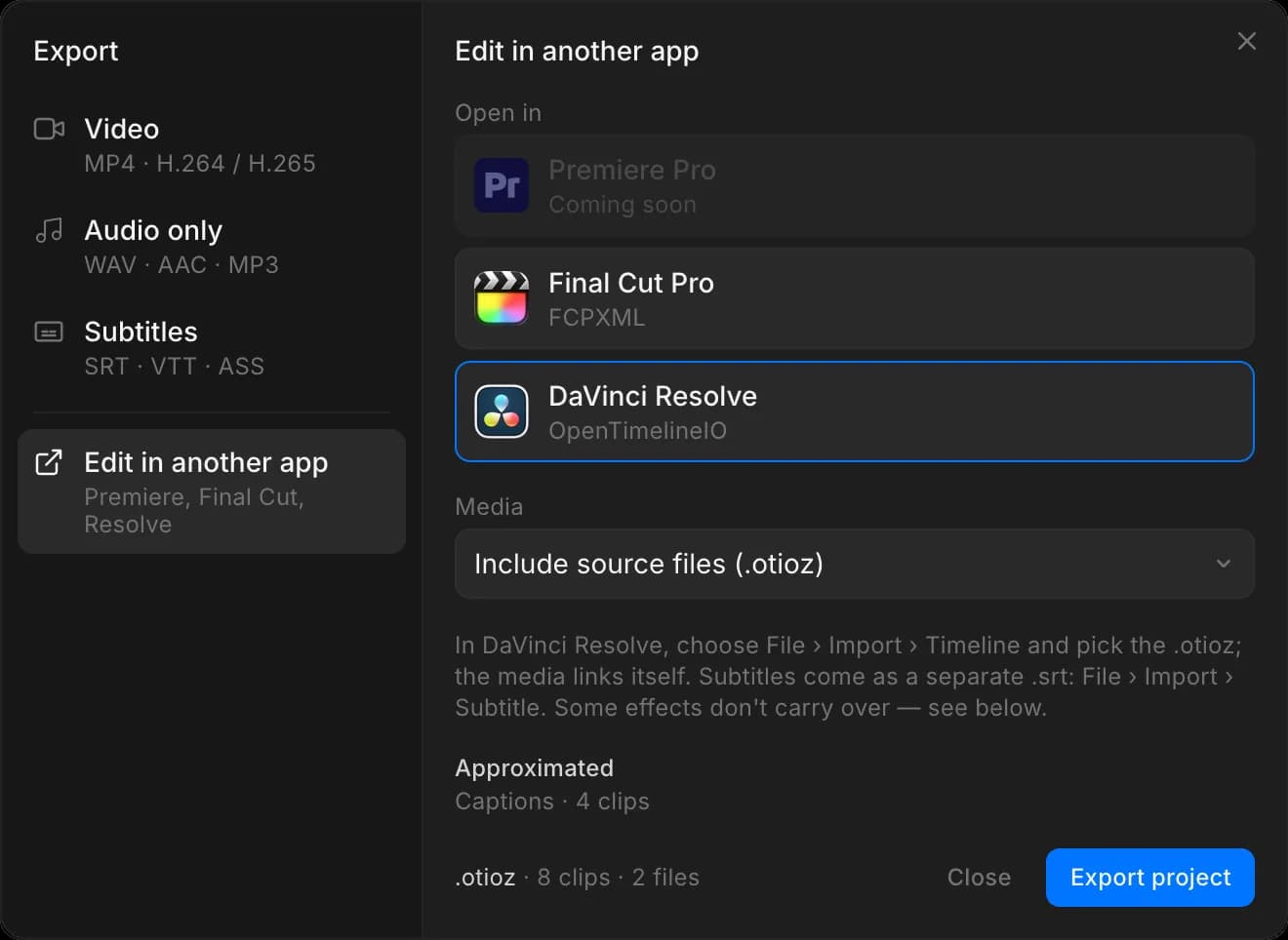 The 'Edit in another app' pane with DaVinci Resolve selected, the Media setting, the import hint, and captions listed under Approximated