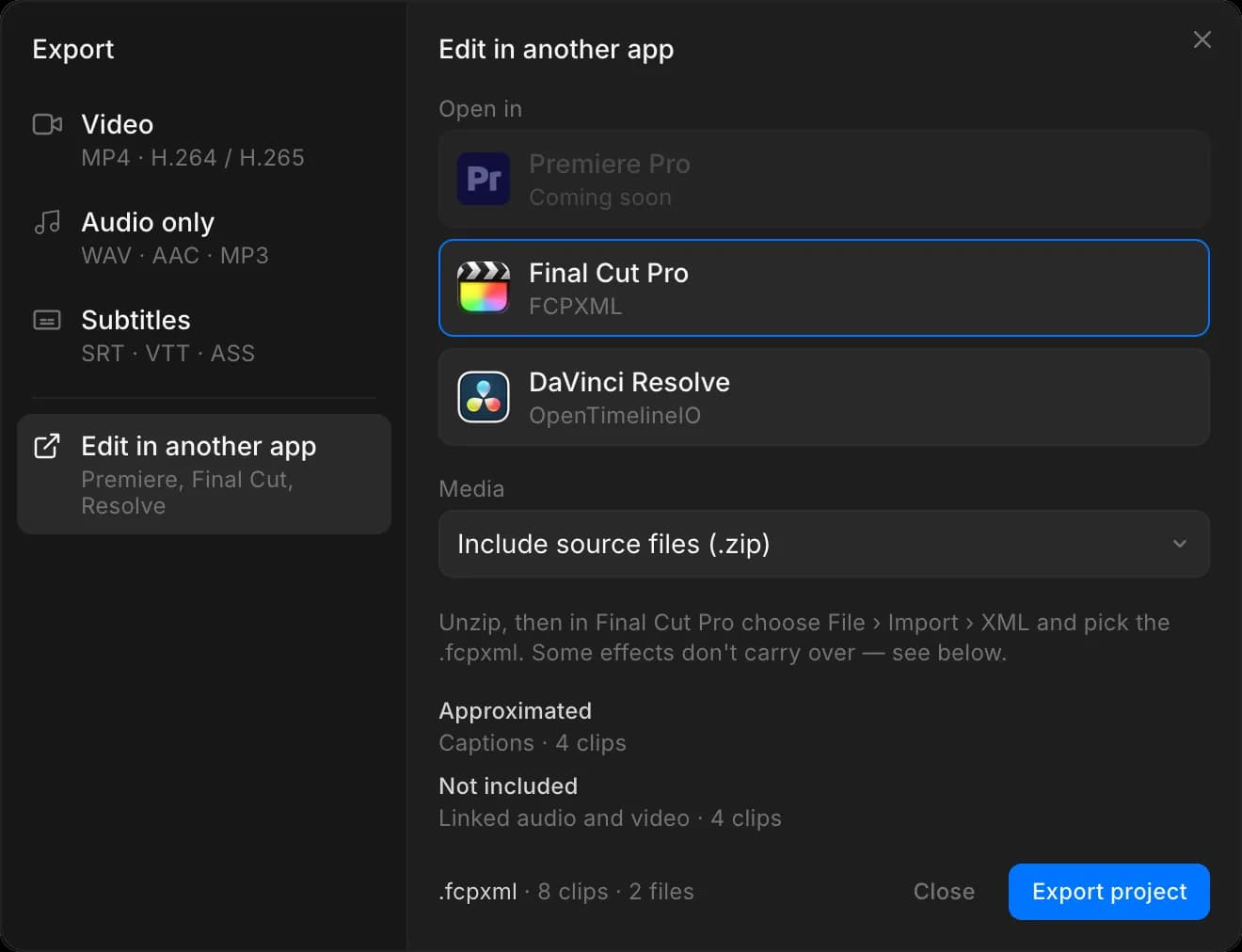 The 'Edit in another app' pane with Final Cut Pro selected, listing Captions under Approximated and Linked audio and video under Not included