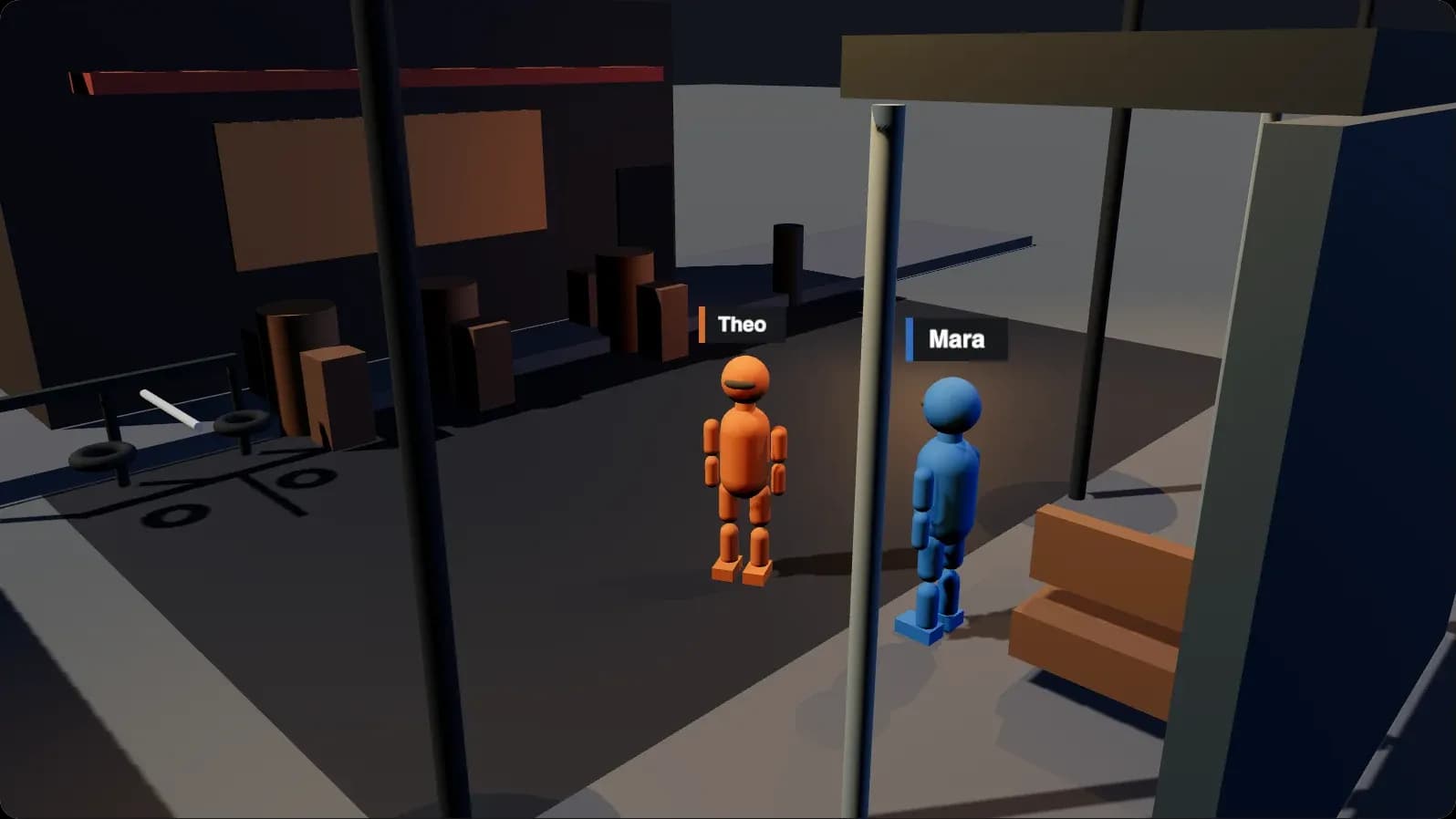 The shot camera's view: two labelled mannequins, Theo in orange and Mara in blue, at a night bus shelter