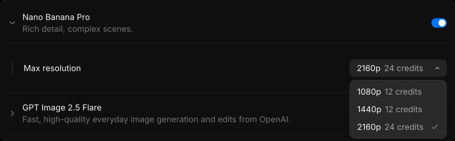 A model expanded in Model access, with its maximum resolution list open