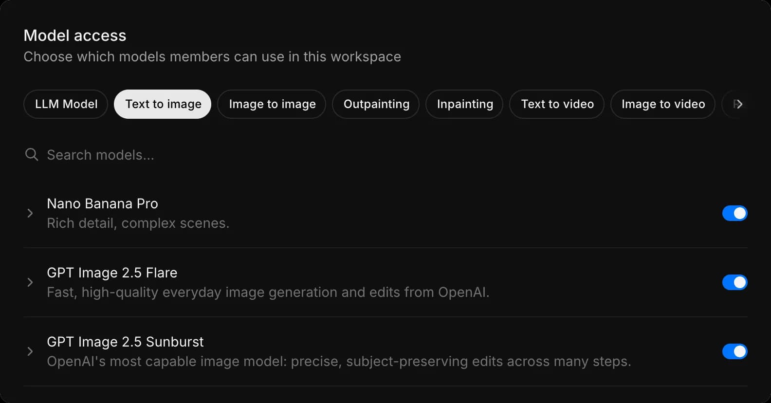 Model access with the text to image tab open and a toggle beside each model