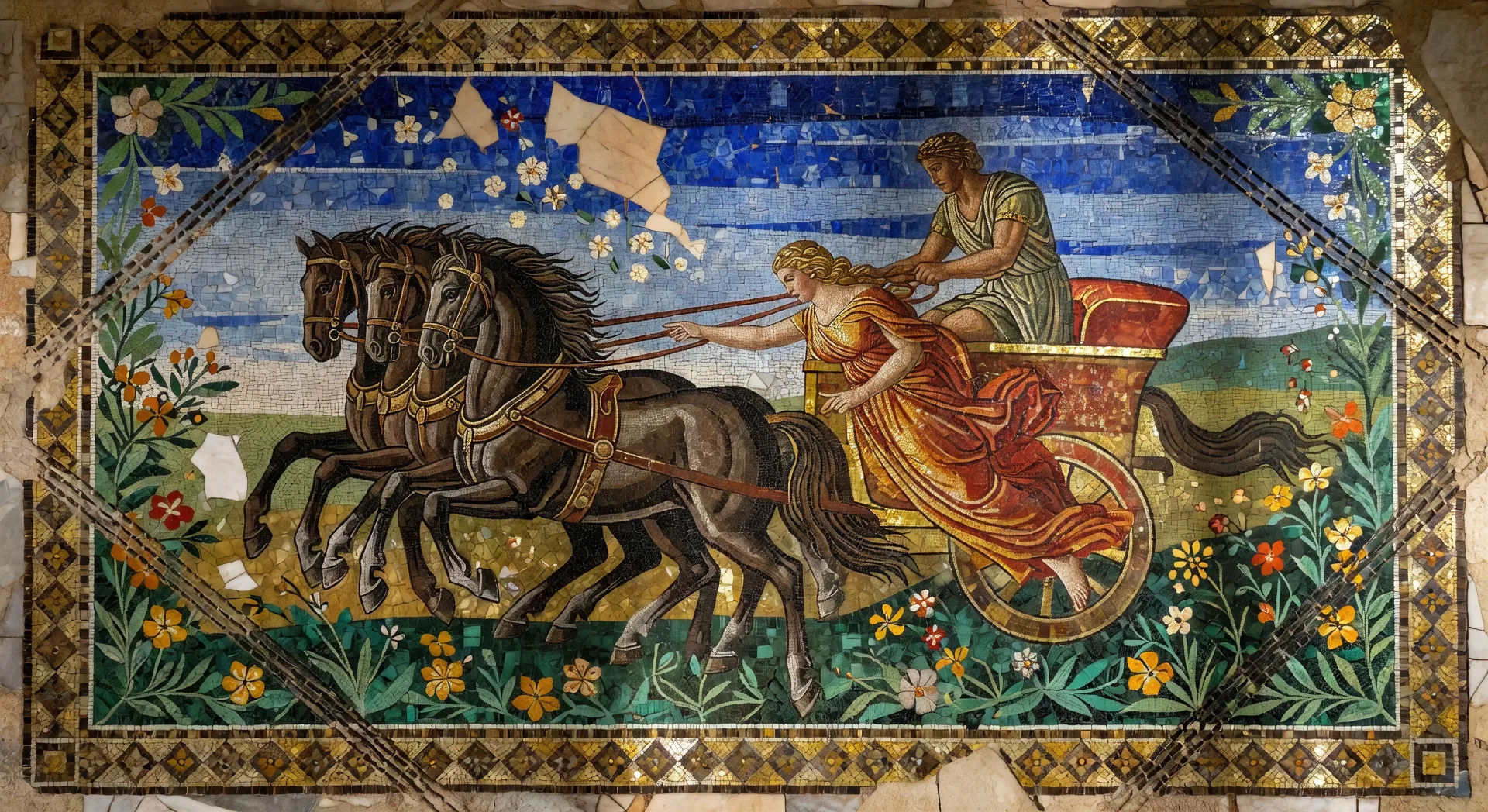 Floor mosaic of a mythological scene