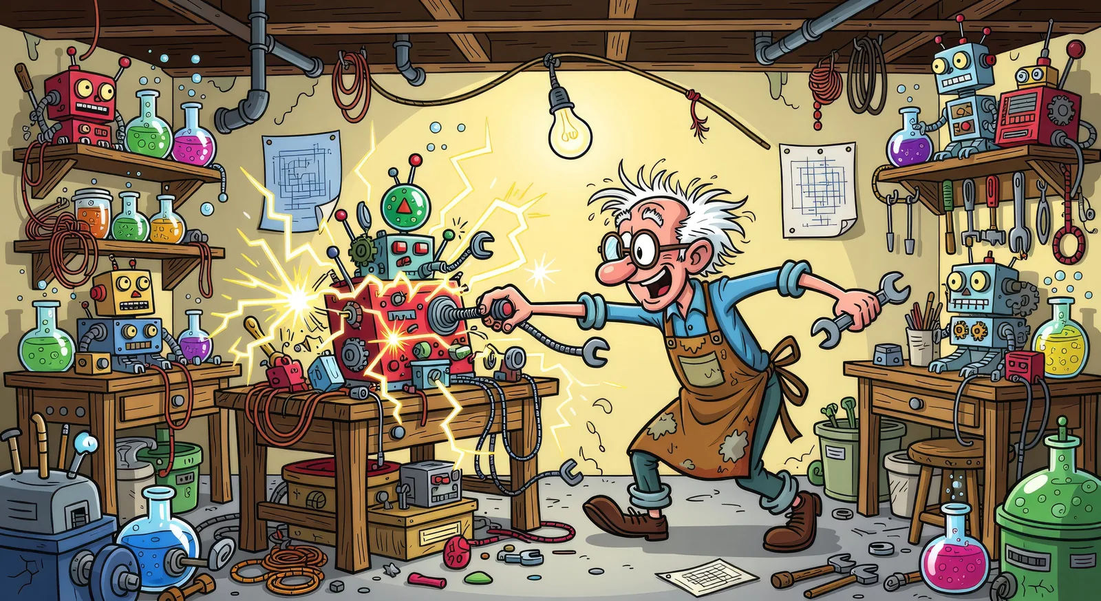 Cluttered inventor’s basement at midnight
