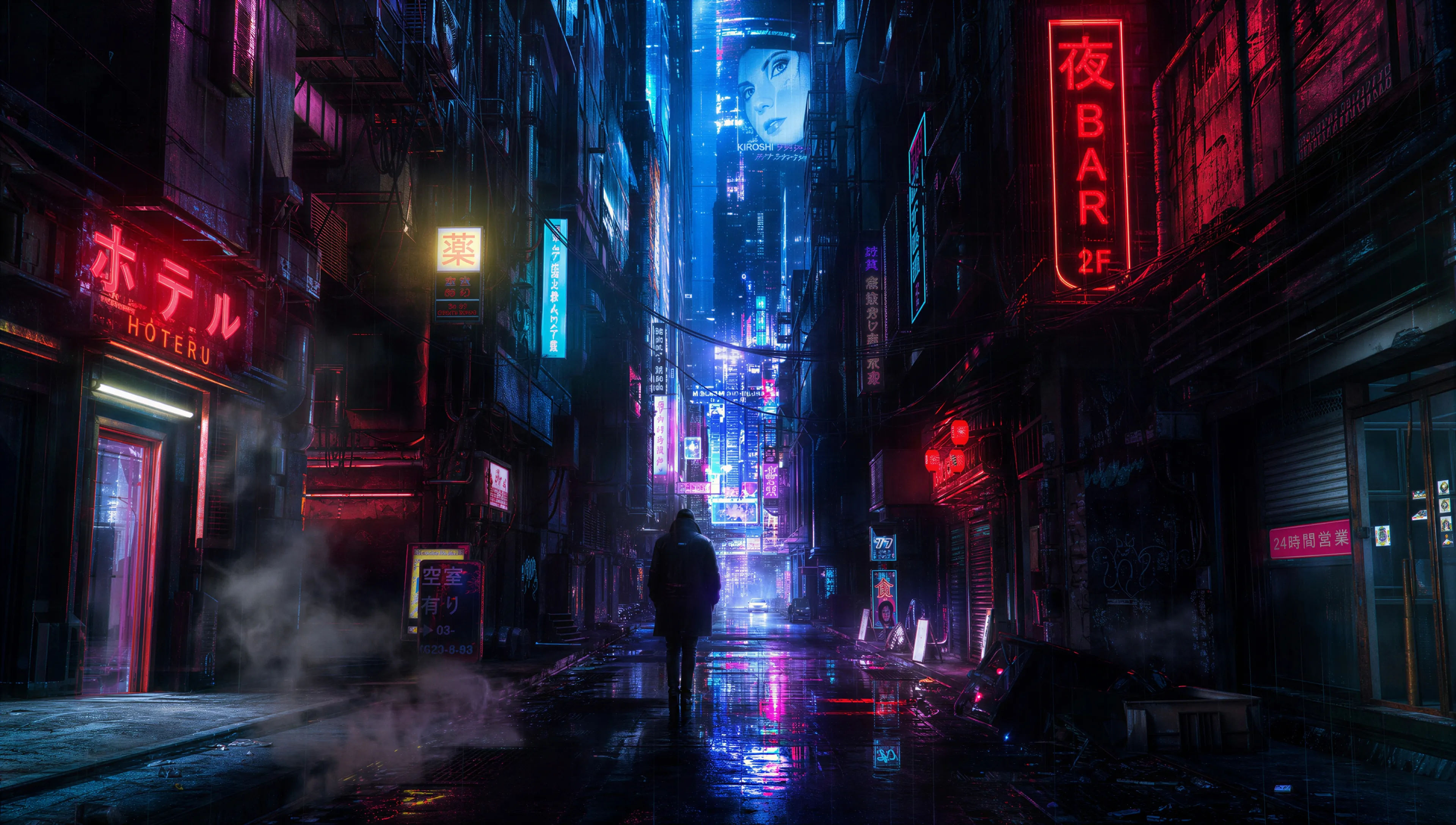 Rain-slick neon alley