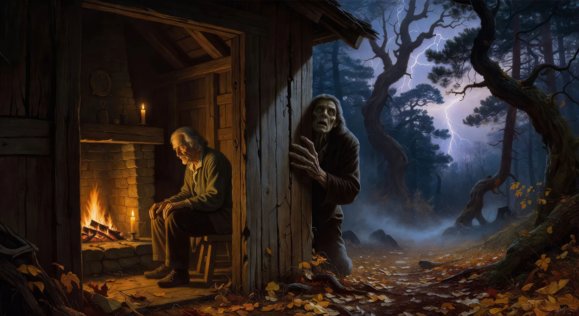 The De Lacey cottage by firelight