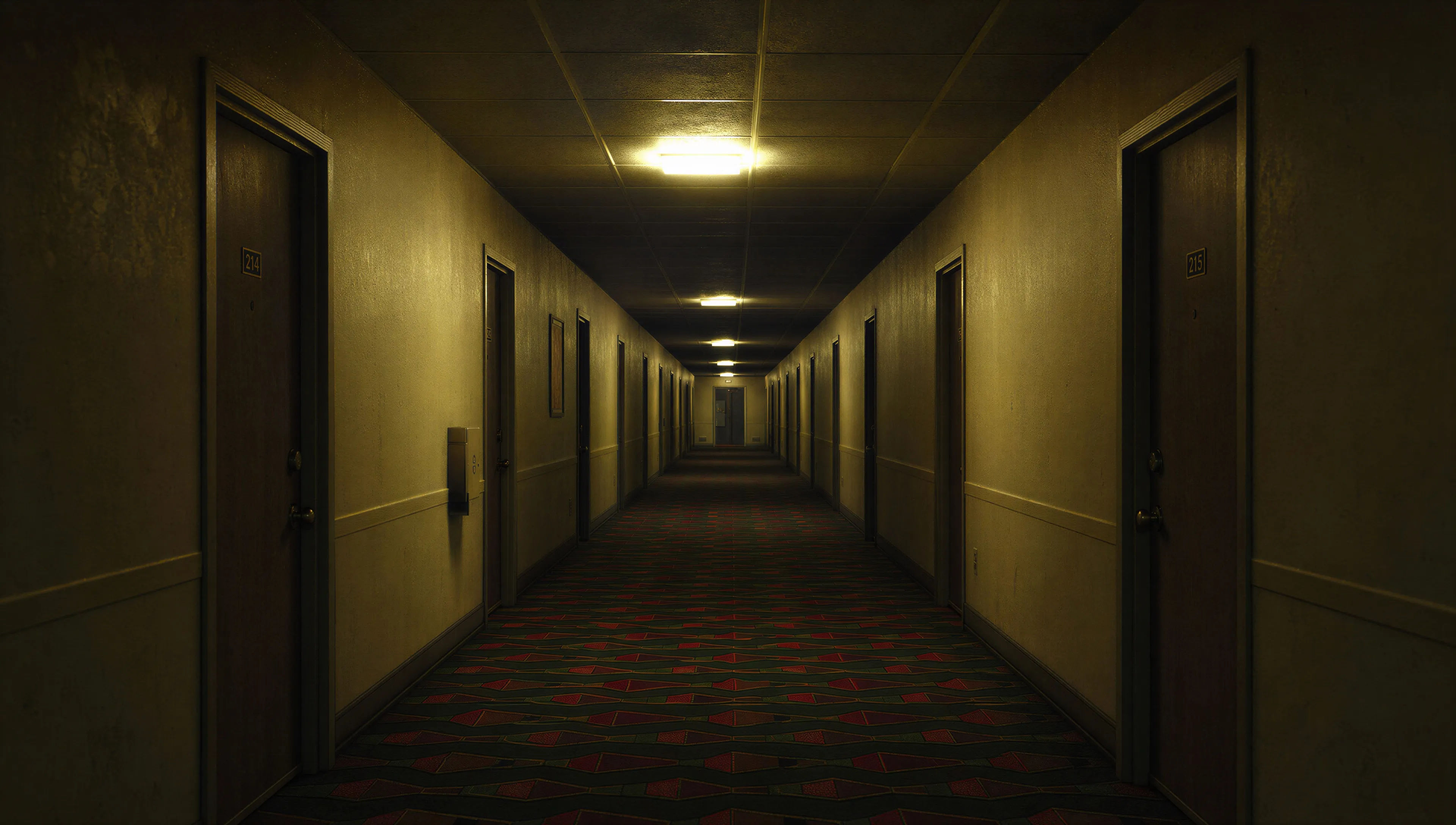 Motel corridor with patterned carpet