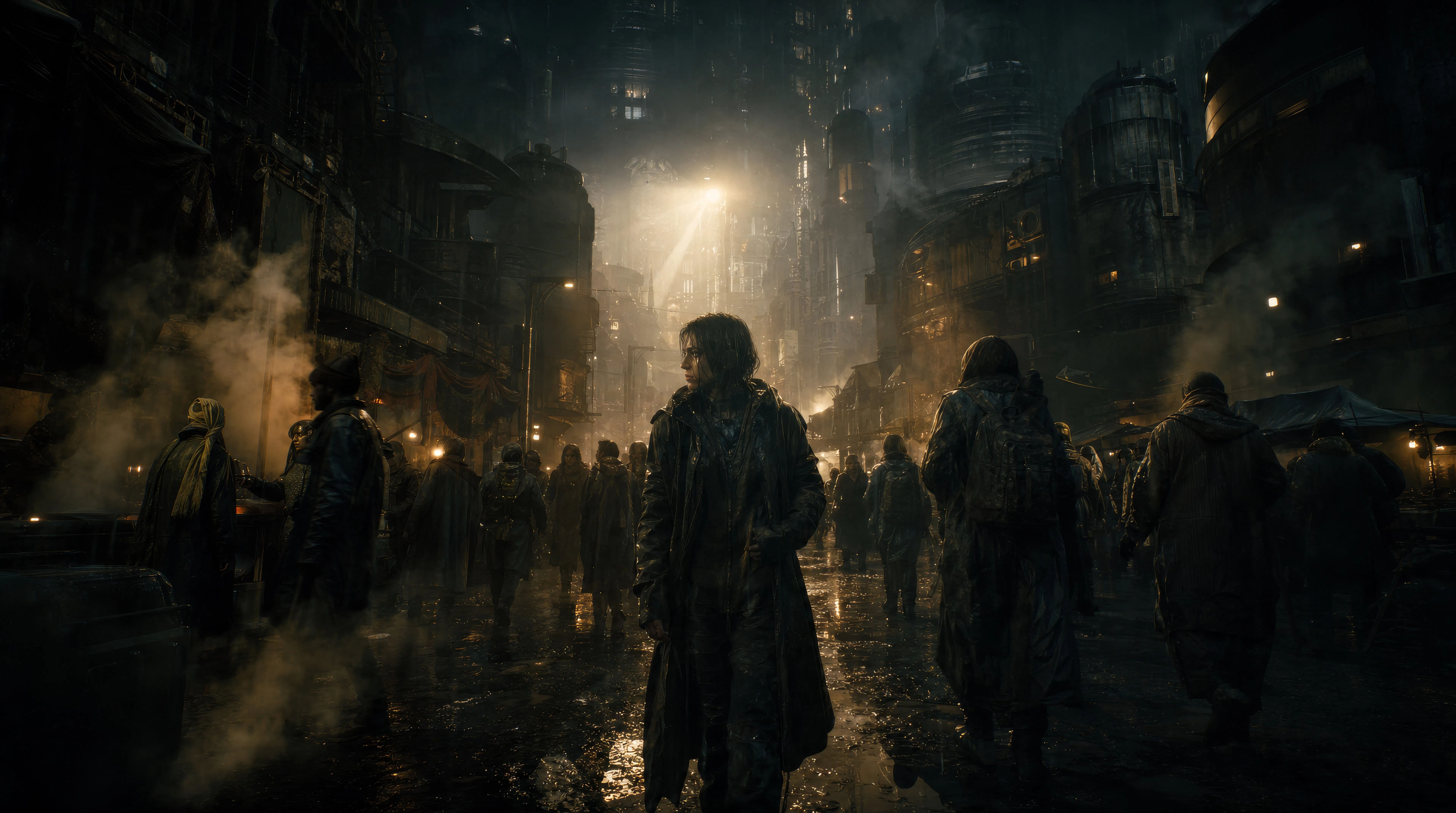Rain-soaked neon megacity street