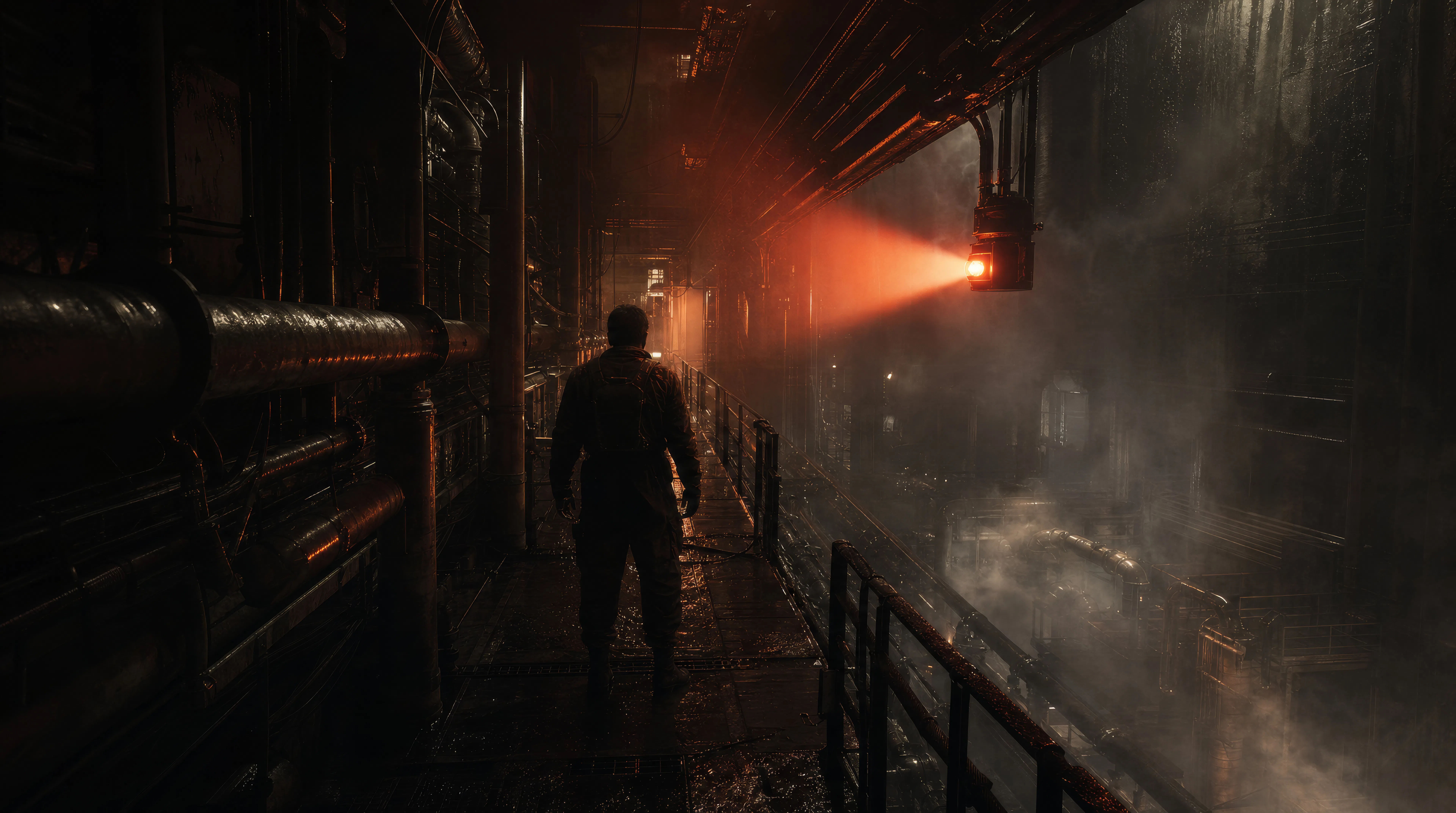 Smoke-filled spaceship corridor
