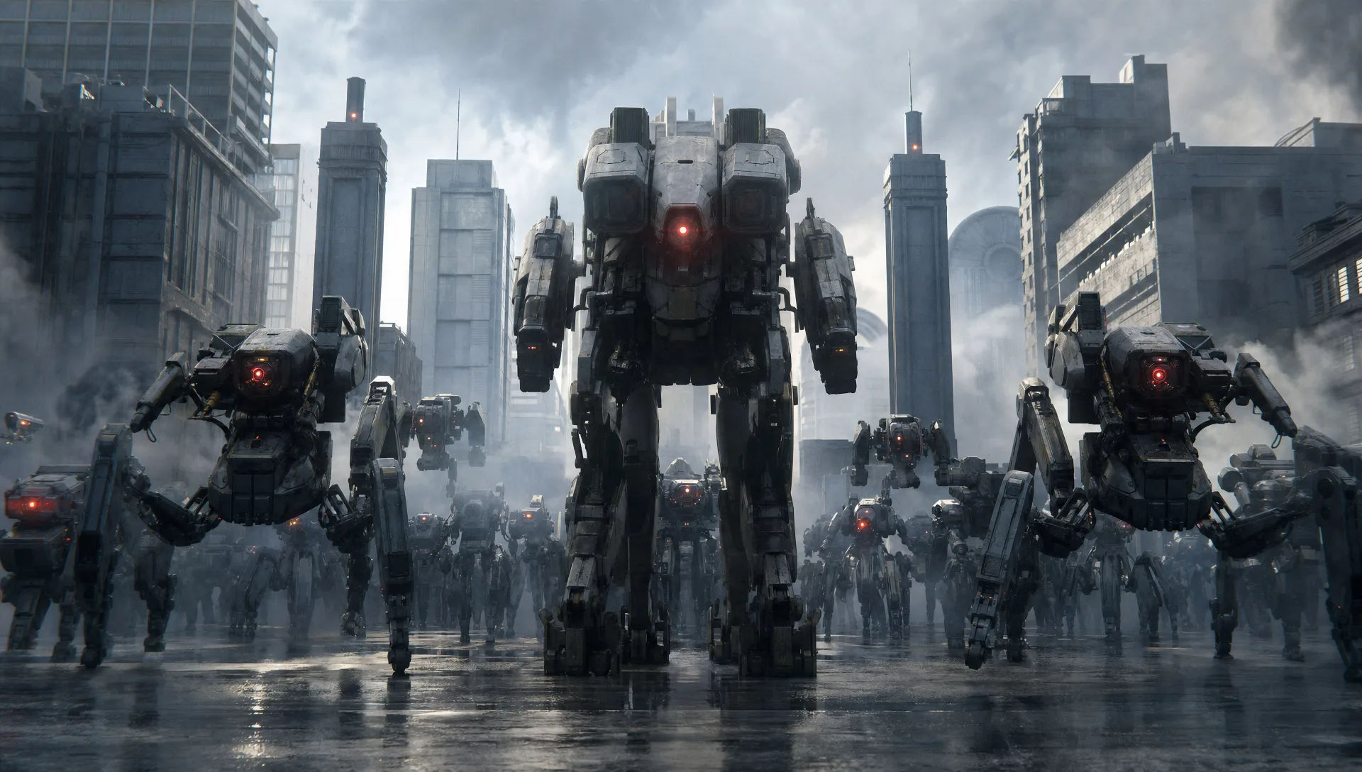 Robot uprising in a plaza