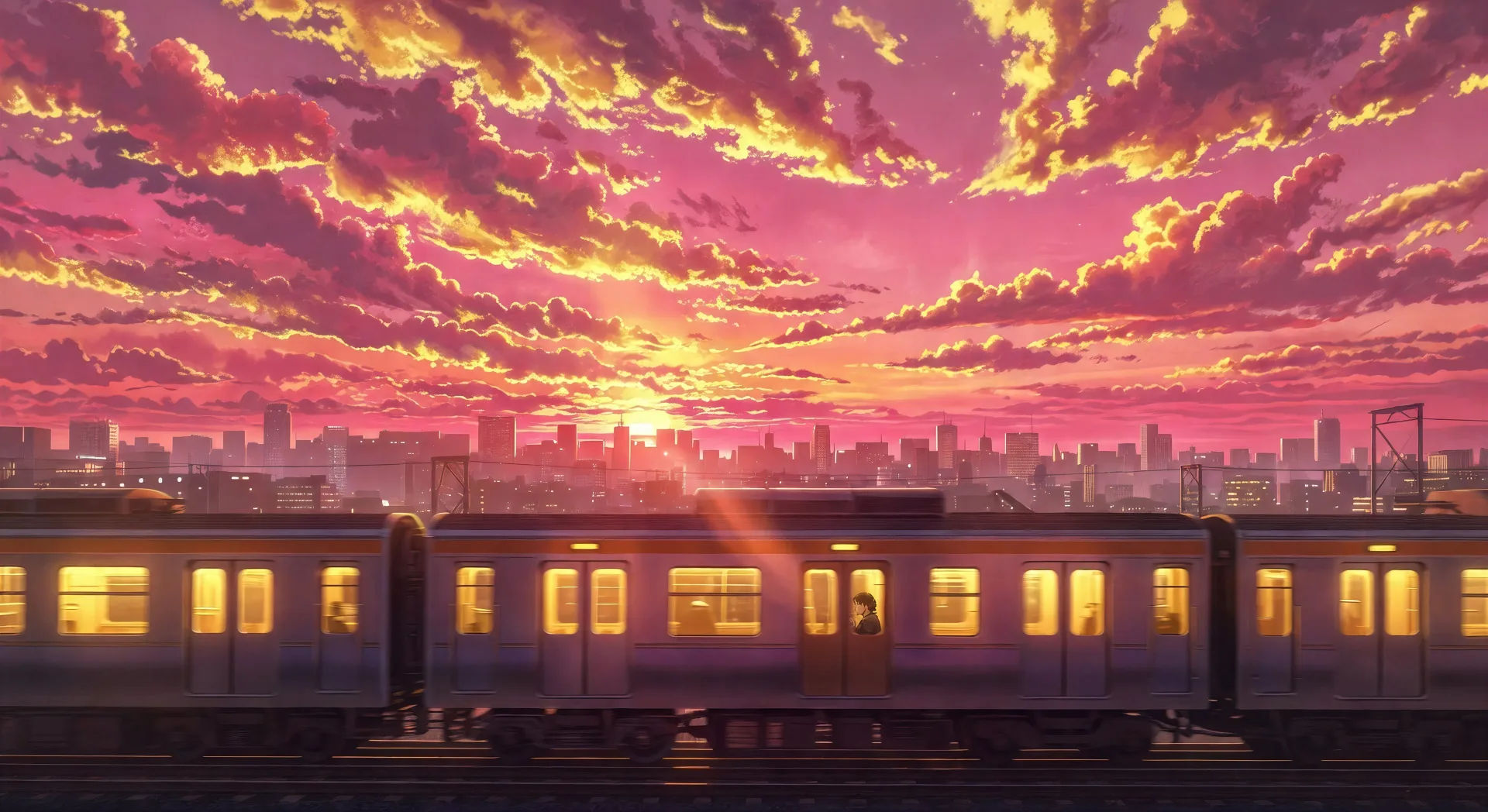 Glowing train through sunset cityscape