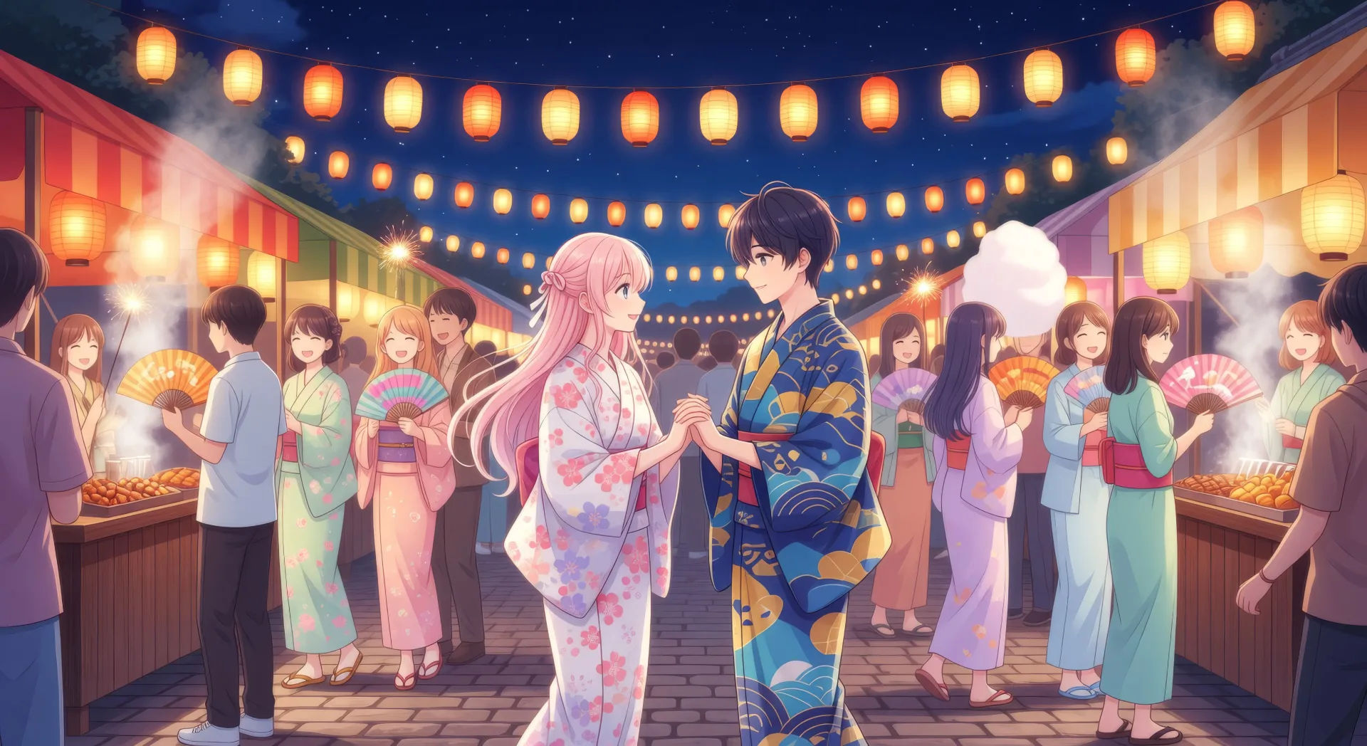 Festival hand-clasp under lanterns