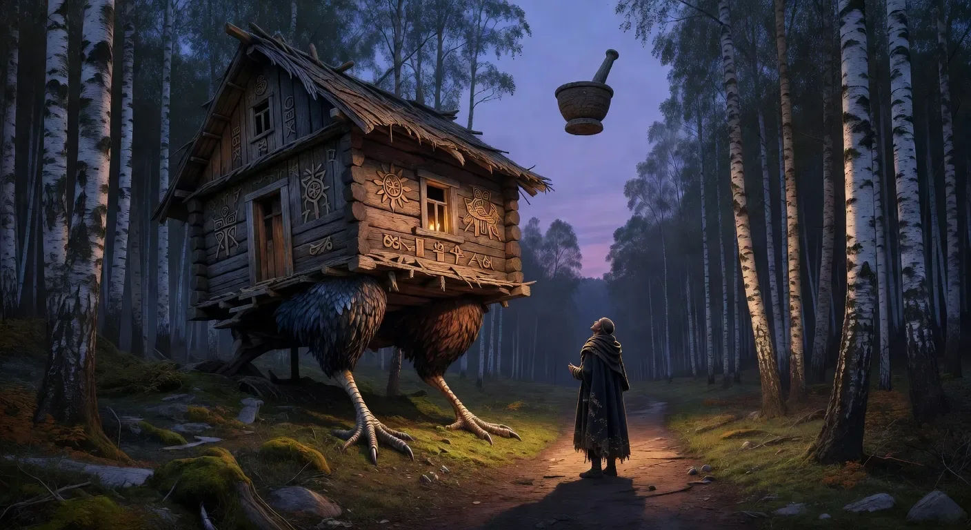 Baba Yaga's chicken-legged hut at forest edge