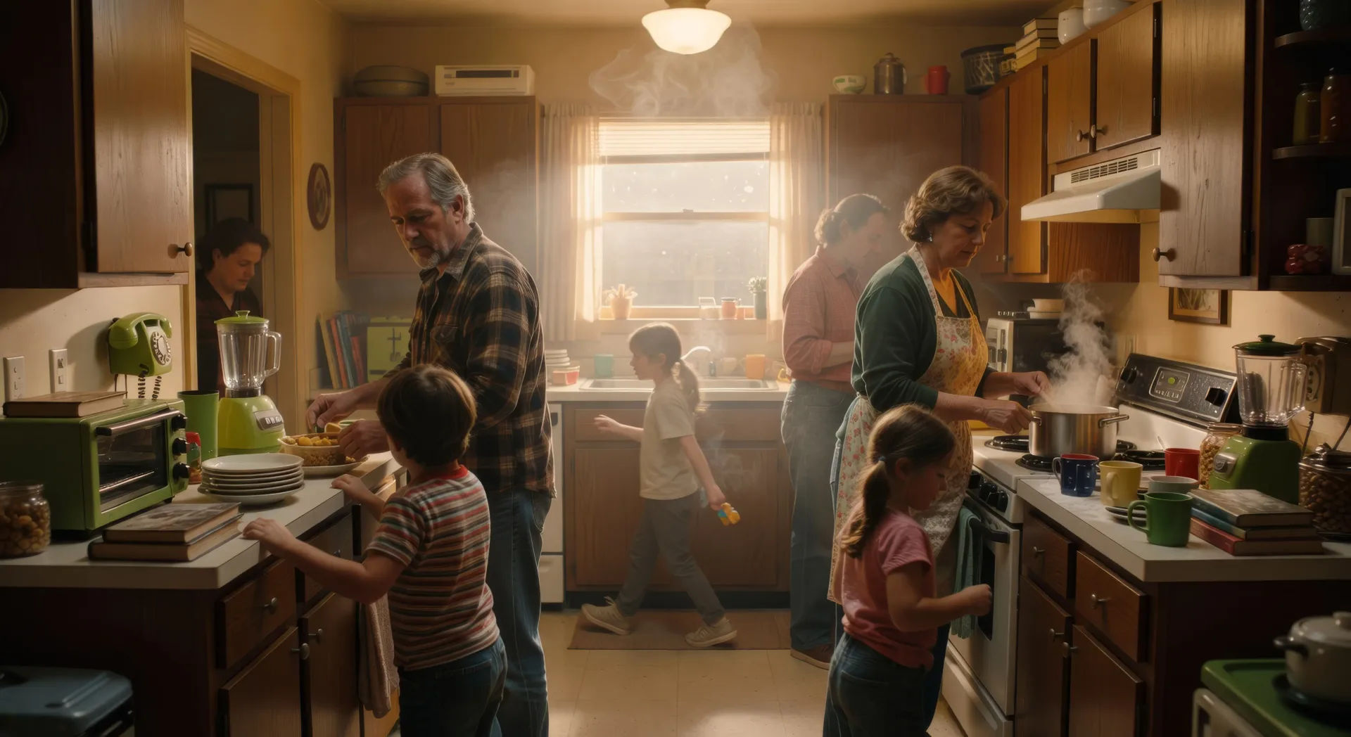 Single-take kitchen oner through a family breakfast