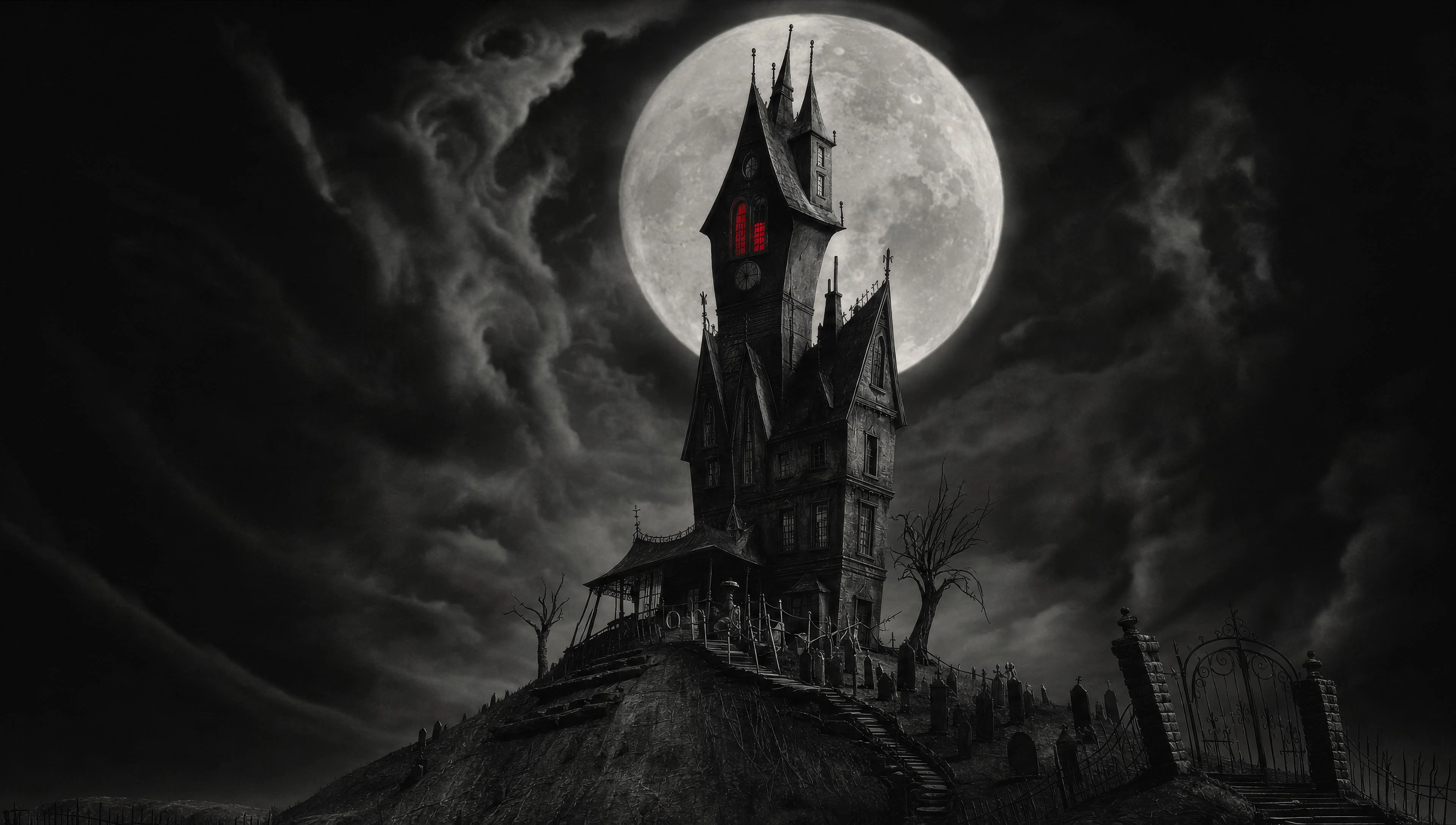 Crooked manor under a swollen moon