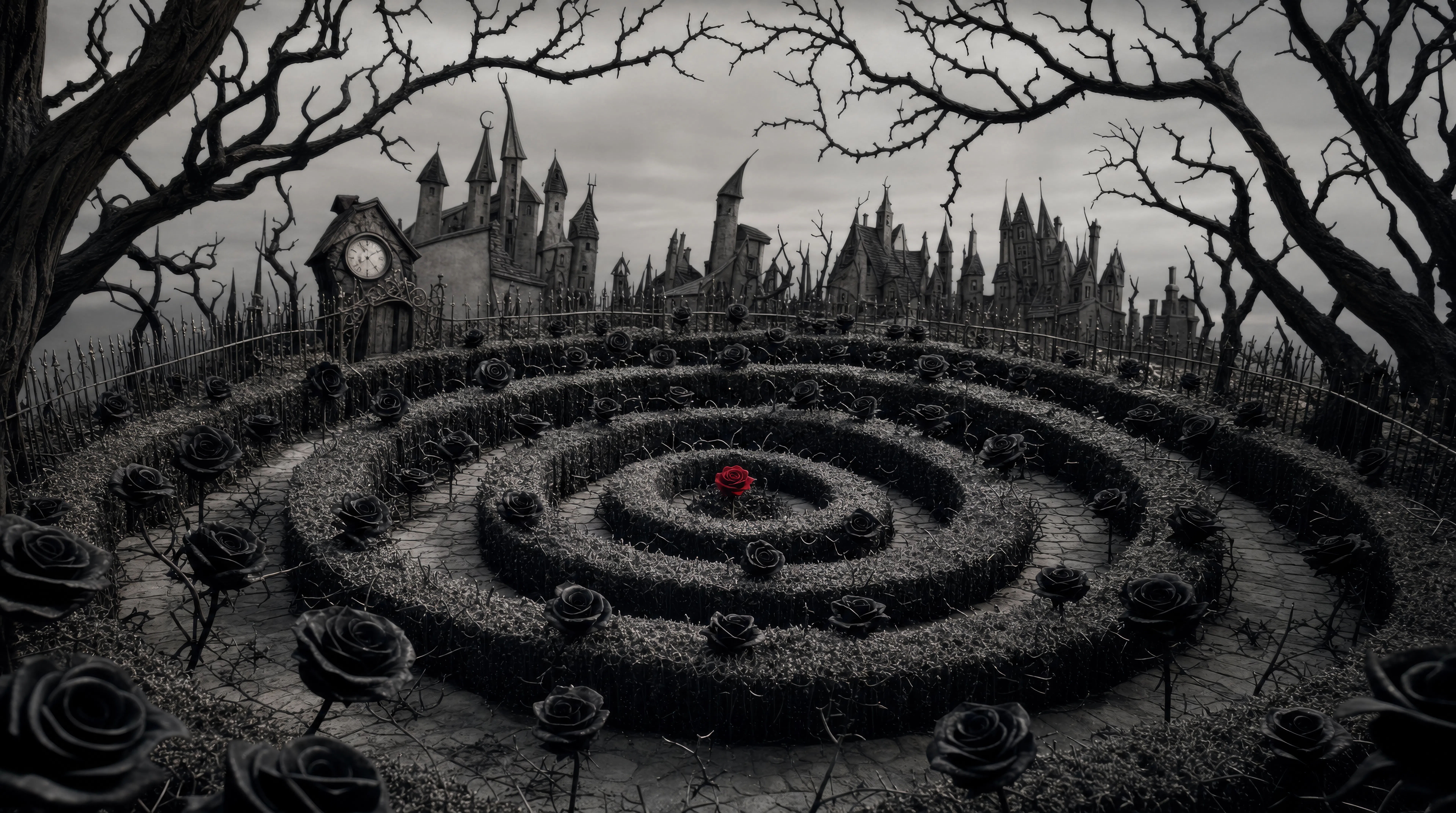 Spiral garden of dead roses
