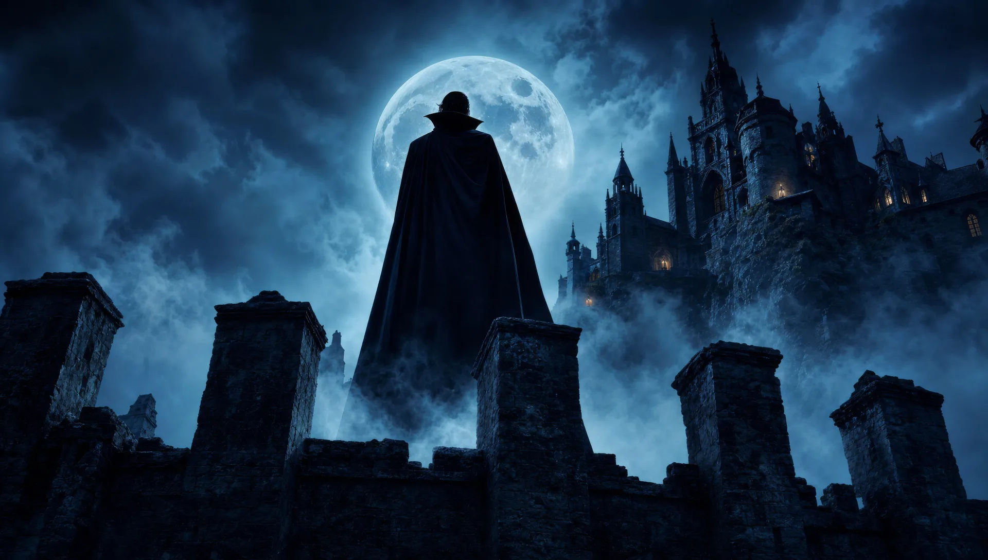 Carpathian castle parapet under a hunter's moon