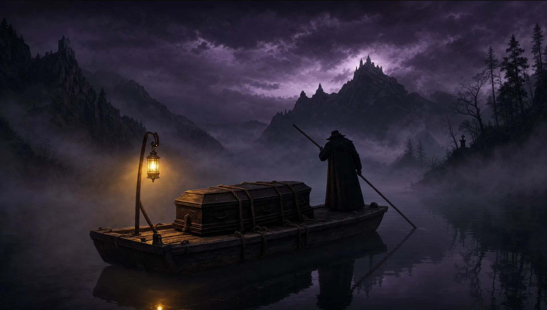 Misty river ferry at midnight